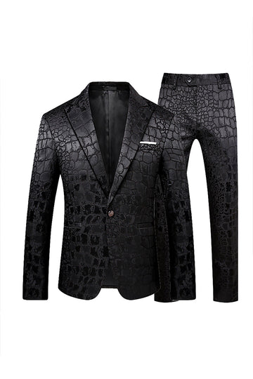 Black Jacquard Peak Lapel One Button 2 Pieces Men Formal Suit